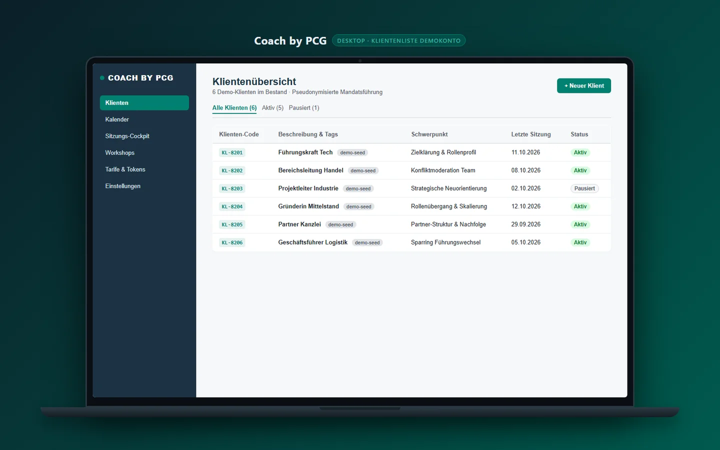 Klientenliste in Coach by PCG mit Beispiel-Klienten, Status-Markierungen und Tag-Filtern im Desktop-Browser.