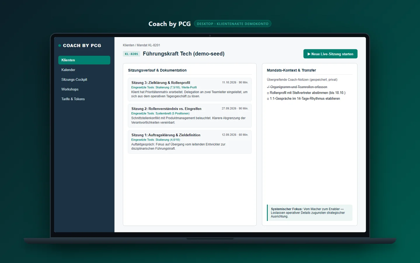 Klientenakte in Coach by PCG mit Sitzungsverlauf, Coach-Notizen und nächsten Schritten, dargestellt im Desktop-Browser.
