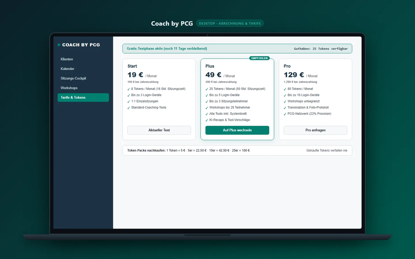 Tarifübersicht in Coach by PCG mit den Tarifen Start, Plus und Pro, Token-Guthaben und Hinweis auf den Gratis-Test.