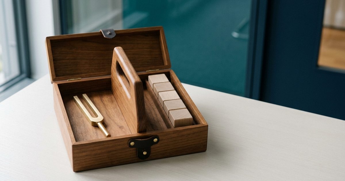 Offener Holzwerkzeugkasten mit zwei Fächern: links eine Stimmgabel aus Messing, rechts fünf kleine Holzklötze.