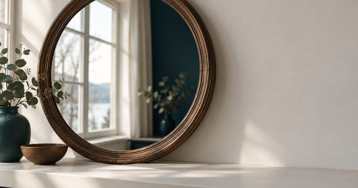 Runder Wandspiegel mit Holzrahmen lehnt an einem Regal und spiegelt ein ruhiges Fenster