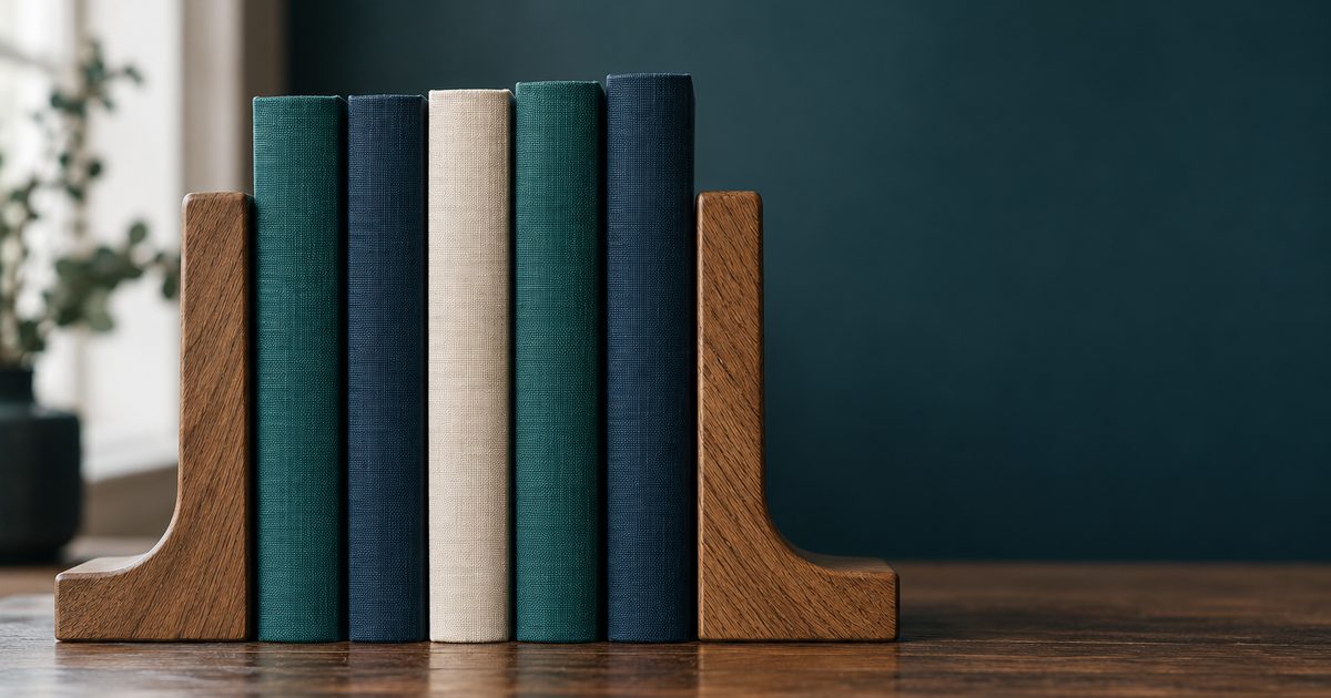 Zwei gleiche Buchstützen aus Eiche halten eine kurze Reihe von Leinenbüchern aufrecht