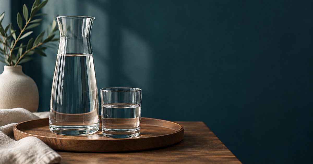 Glaskaraffe mit ruhigem Wasser und ein Glas auf einem Holztablett
