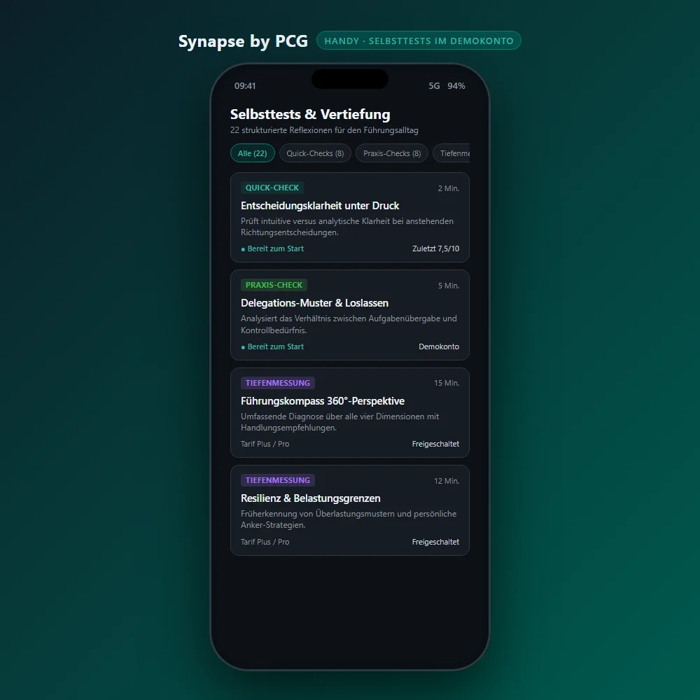 Übersicht der Selbsttests in Synapse mit den Kategorien Quick-Checks, Praxis-Checks und Tiefenmessungen.