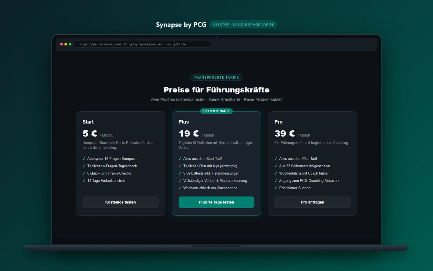 Preise von Synapse auf der Landingpage: Start 5 Euro, Plus 19 Euro und Pro 39 Euro pro Monat, mit Hinweis auf zwei Wochen kostenlosen Test.