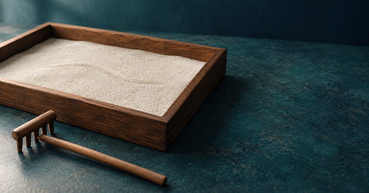 Holztablett mit feinem Sand, in dem sich eine Furche verläuft, daneben ein kleiner Holzrechen